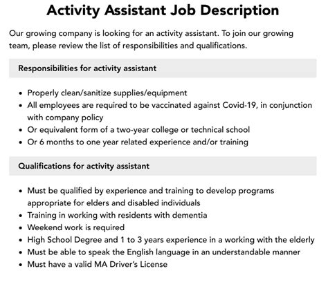 How to Hire Employees. Part-time. Full-time. Must have Assisted Living and Memory Care Experience. Must be 18 or older. Must be able to pass a background check. 59 Activity Assistant jobs available in Pasadena, CA on Indeed.com. Apply to Activity Assistant, Recreation Assistant, Assistant and more!